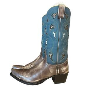 Frye Vintage Floral Blue Leather Pointed Tow Cowgirl Boots 8.5